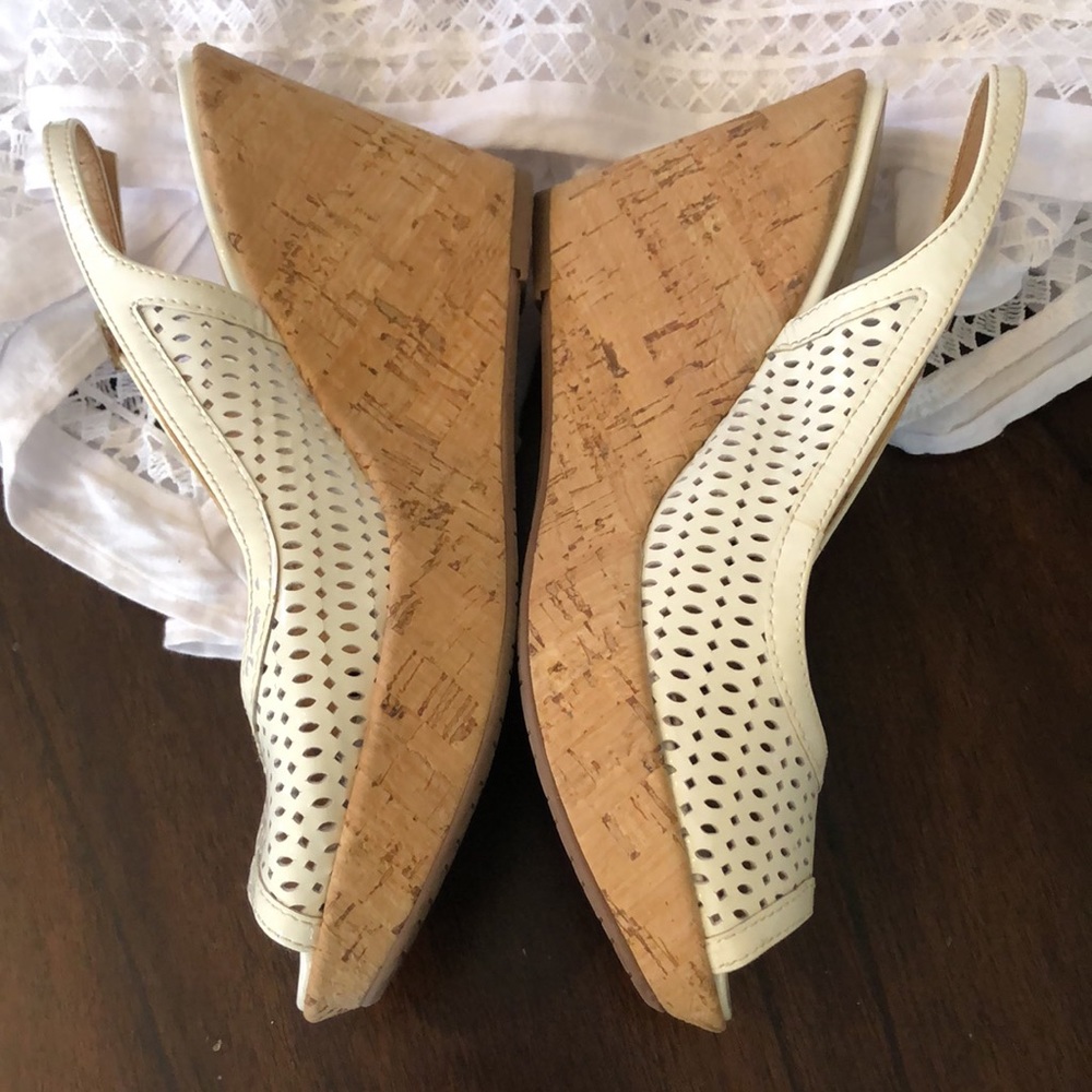 Footnotes white patent Pointelle upper ankle strap cork platform wedge sandal